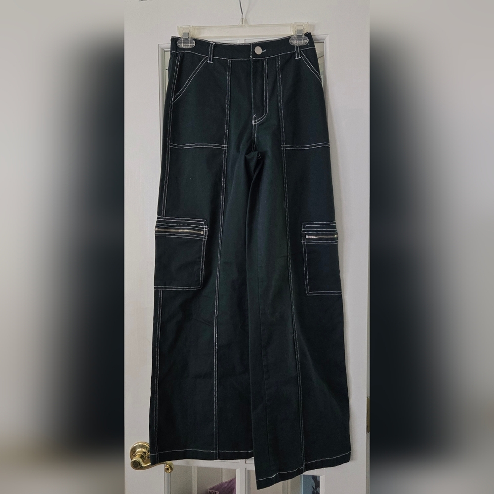 Rachel Paige Womens Size Small Wide Leg Cargo Pants Dark Green Streetwear Y2K